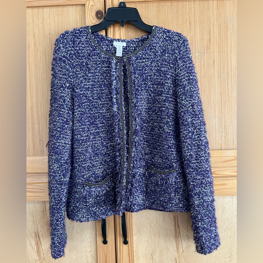 Chico's Purple/white/silver Tweed Wool Alpaca Blend Boucle Blazer Sz 2 (L 12/14)
